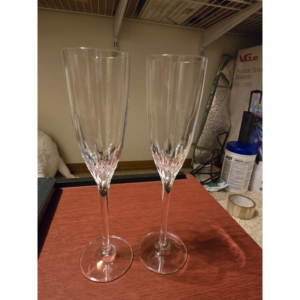 Set of 2 Crystal Champagne Flutes Cut Glass Toasting Glasses